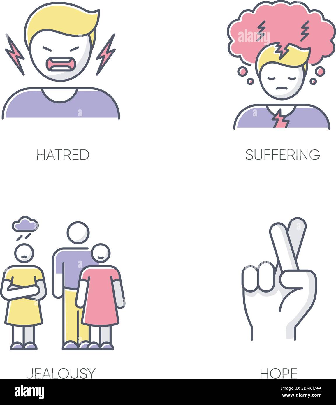 Psychological problem RGB color icons set. Man scream from hatred. Suffering from mental illness. Woman feeling jealous of man. Hope and belief. Psych Stock Vector