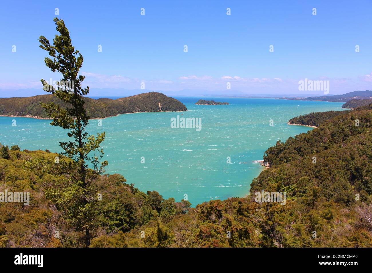 Magnificent Coastline of Abel Tasman National Park in New Zealand. Scenery with beautiful tourquise ocean surrounded by forested mountains. Stock Photo