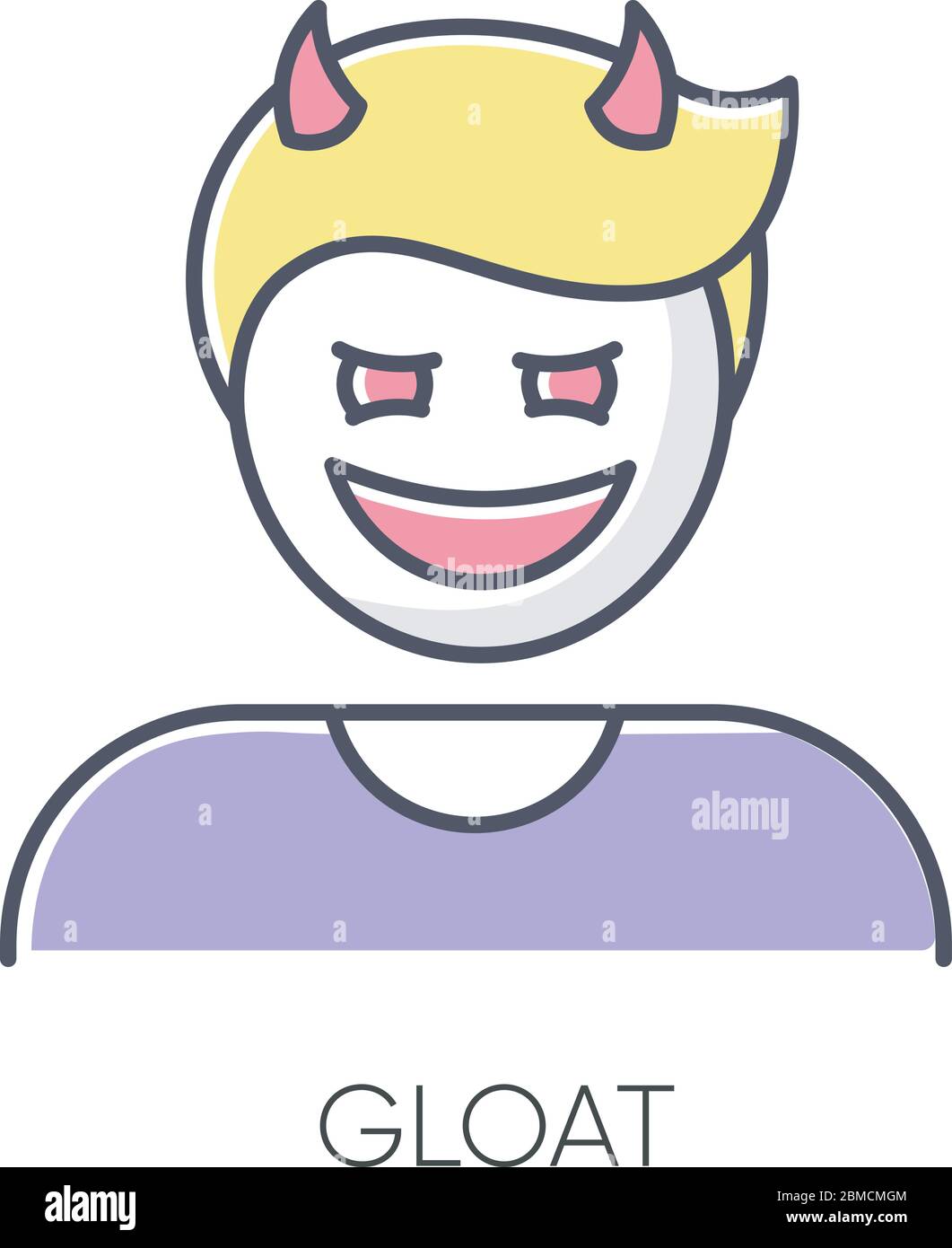 Gloat RGB color icon. Evil smile. Bad attitude. Vicious smirk. Scary person. Negative feeling. Devil facial expression. Destructive behaviour. Antisoc Stock Vector