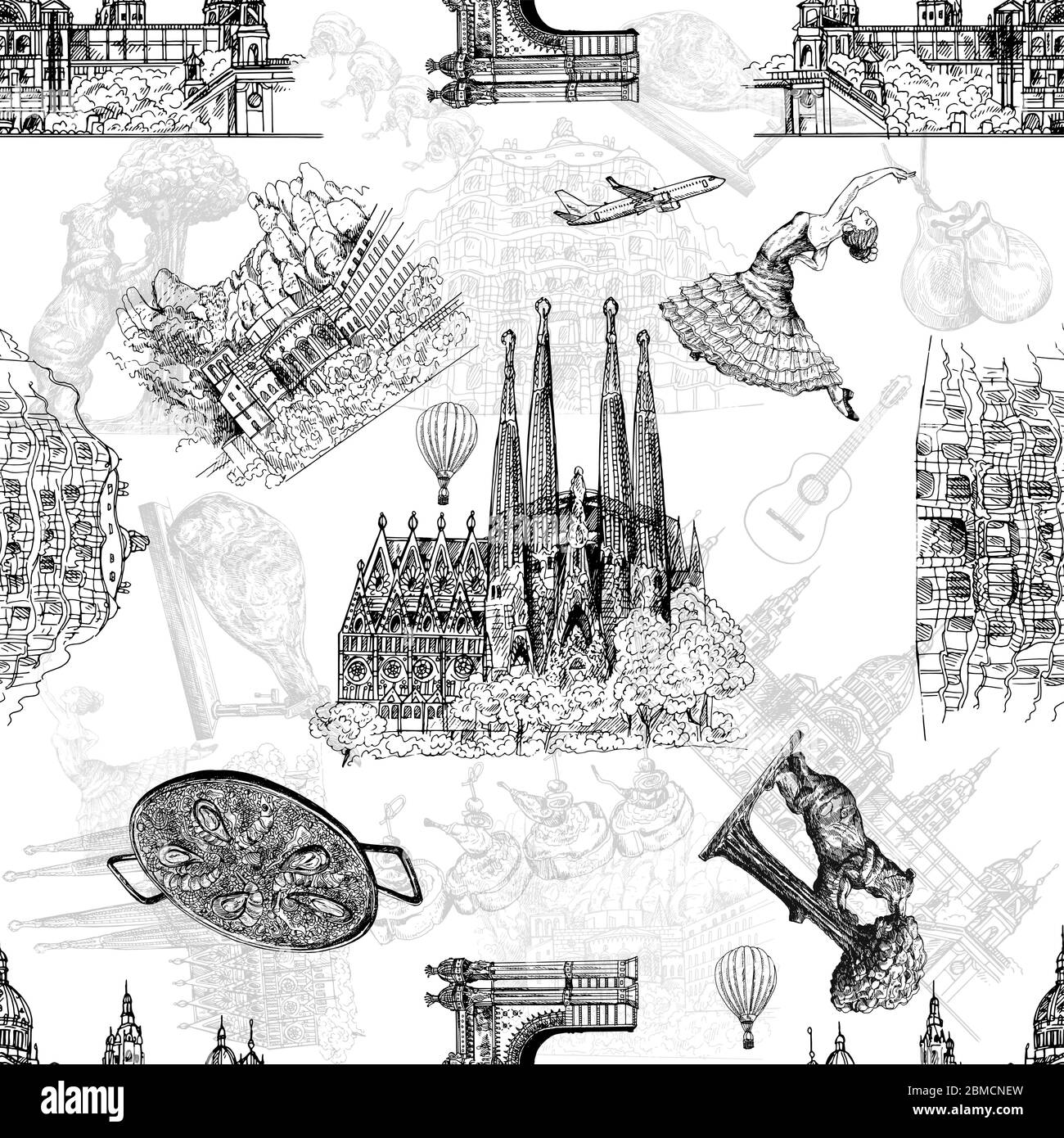 Seamless pattern of hand drawn sketch style Spain related objects ...