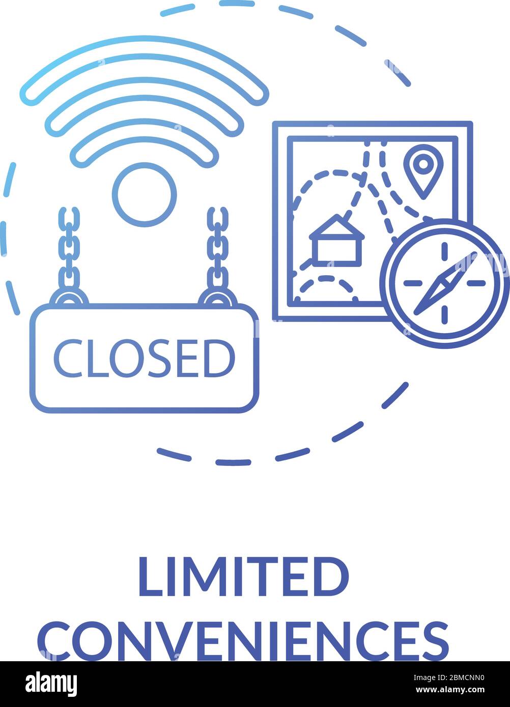 Limited conveniences blue concept icon. Country living inconvenience ...