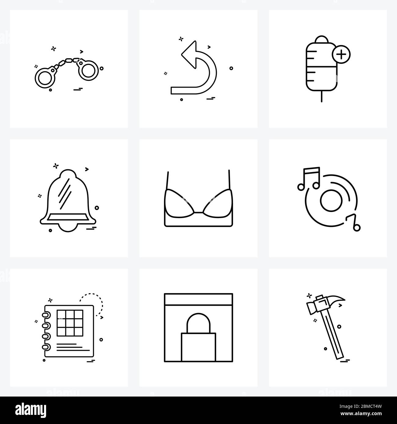 Modern Style Set of 9 line Pictograph Grid based ladies, cloths, hospital, under garments, user interface Vector Illustration Stock Vector