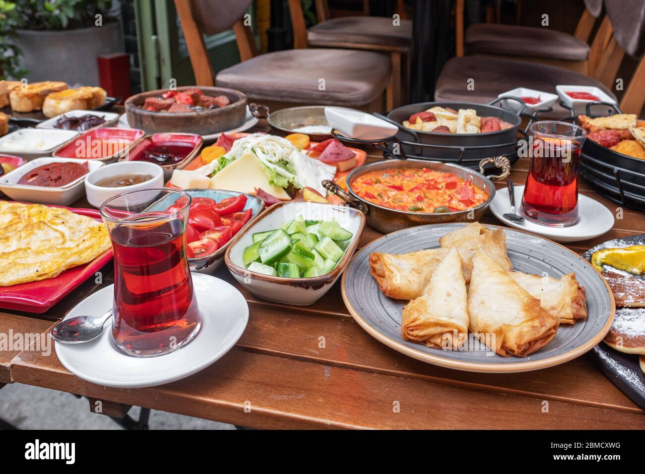 Delicious traditional turkish breakfast on the table Stock Photo