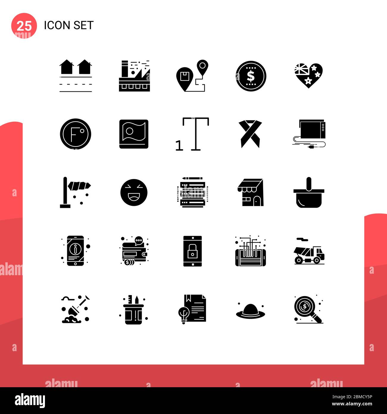 Universal Icon Symbols Group of 25 Modern Solid Glyphs of price, finance, energy, shipping, location Editable Vector Design Elements Stock Vector