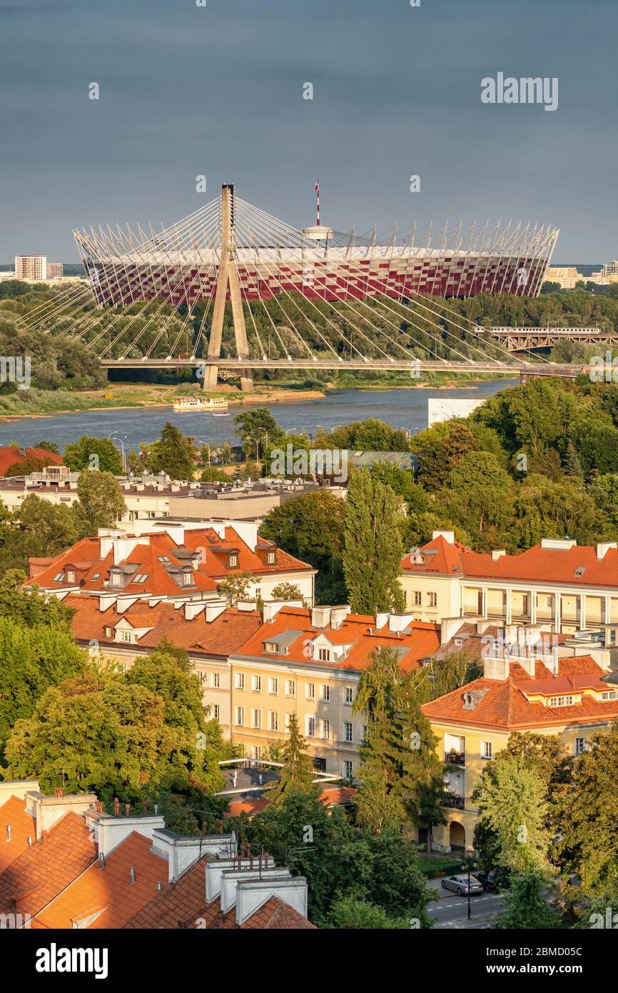 Beautiful Warsaw cityscape with Vistula river and National stadium, Poland Stock Photo