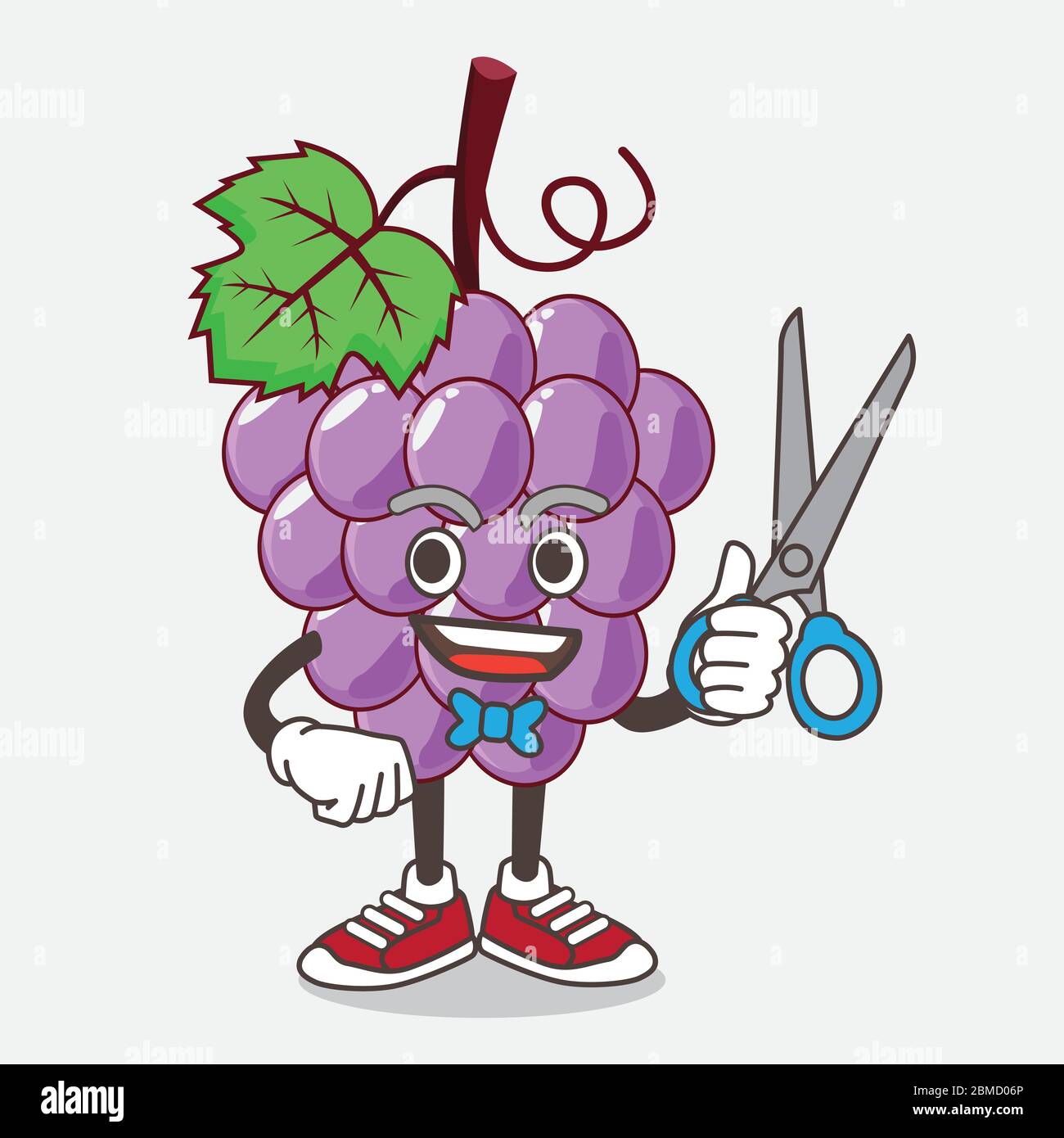 An illustration of Grape Fruit cartoon mascot character as smiling barber with scissors on hand
