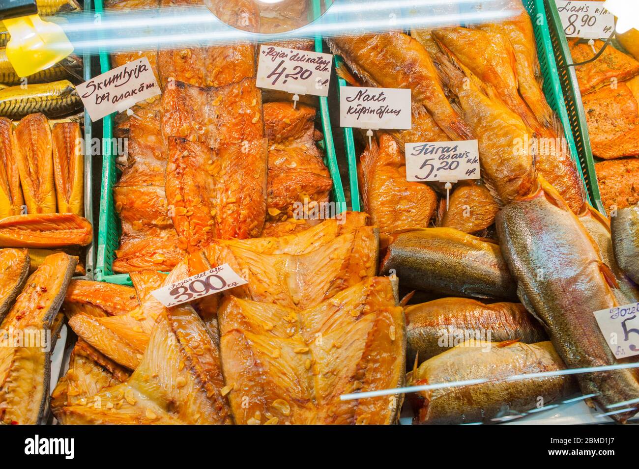 Smoked fish for sale in the Central Market in Riga, Latvia Stock Photo