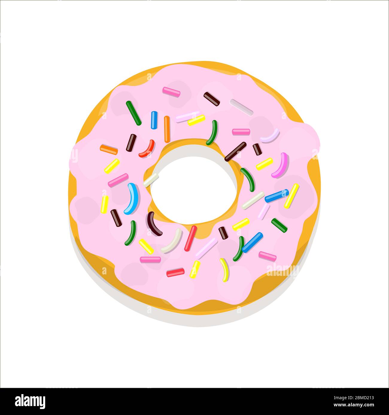 Vector illustration of a donut in pink glaze with multi-colored pastry topping isolated on a white Stock Vector