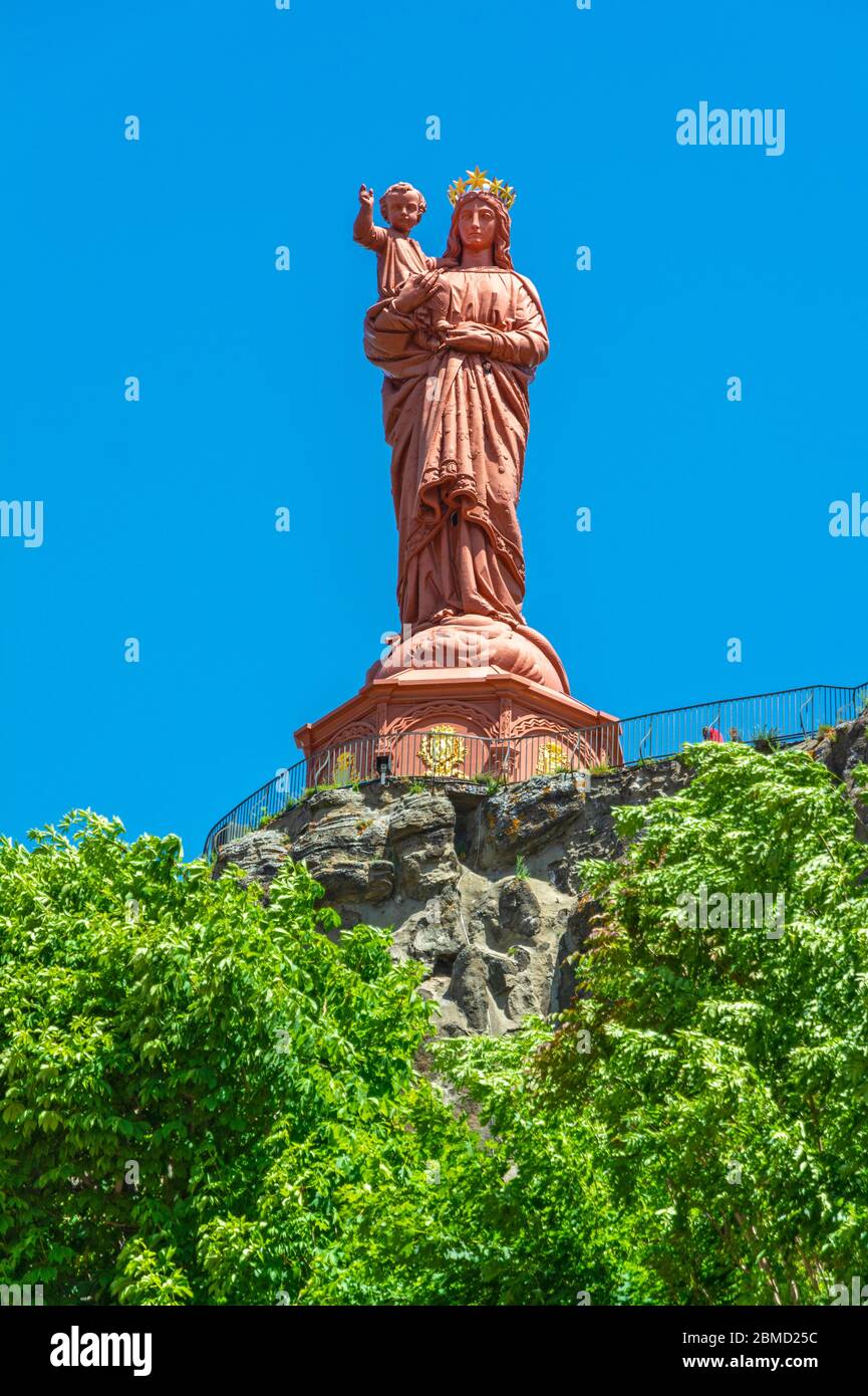 France, Le Puy-en-Velay, Statue of Notre-Dame de France, see visitor's head in view portal just below Virgin Mary's left wrist Stock Photo