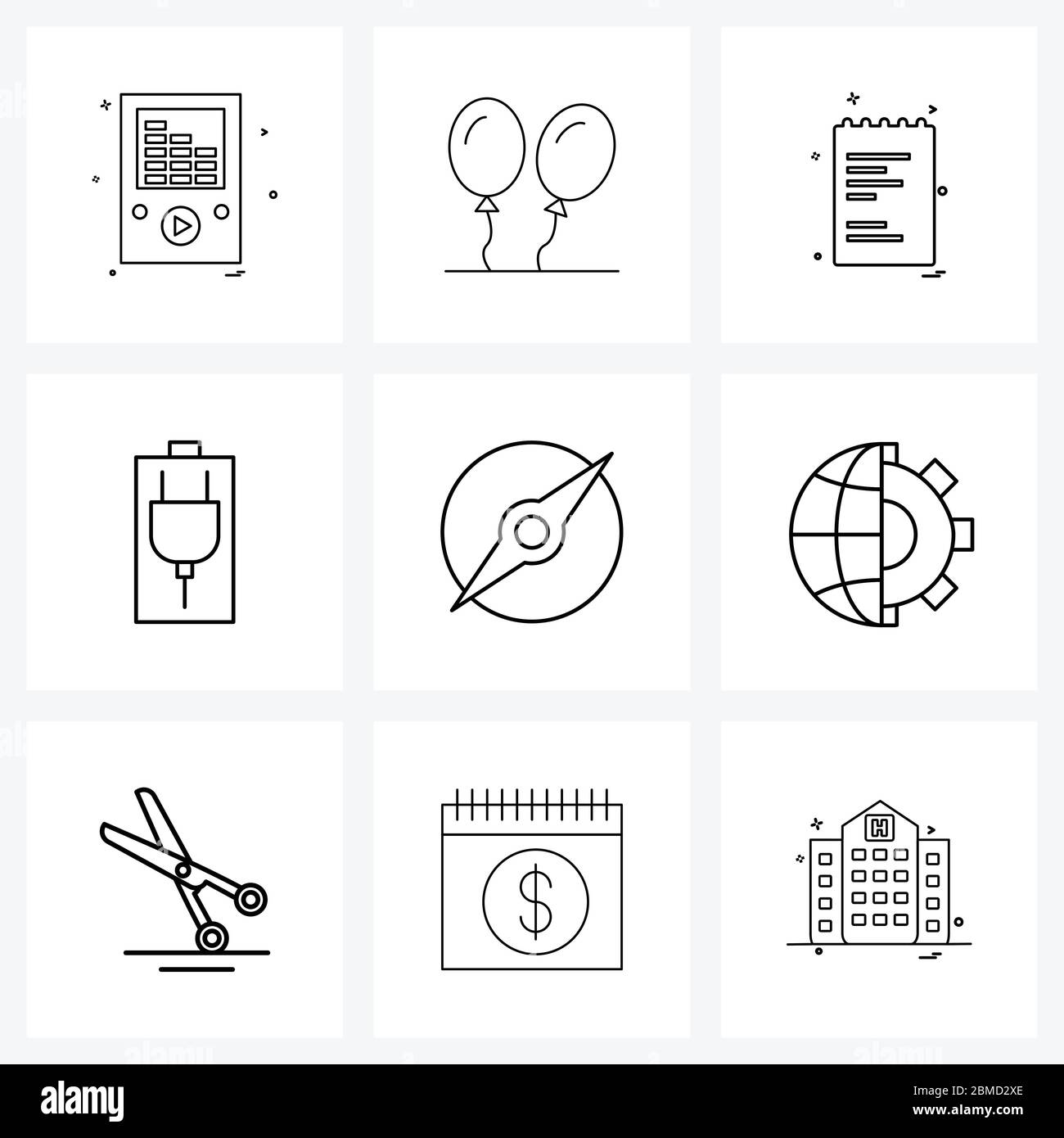 Simple Set of 9 Line Icons such as banking, map, notes, compass ...