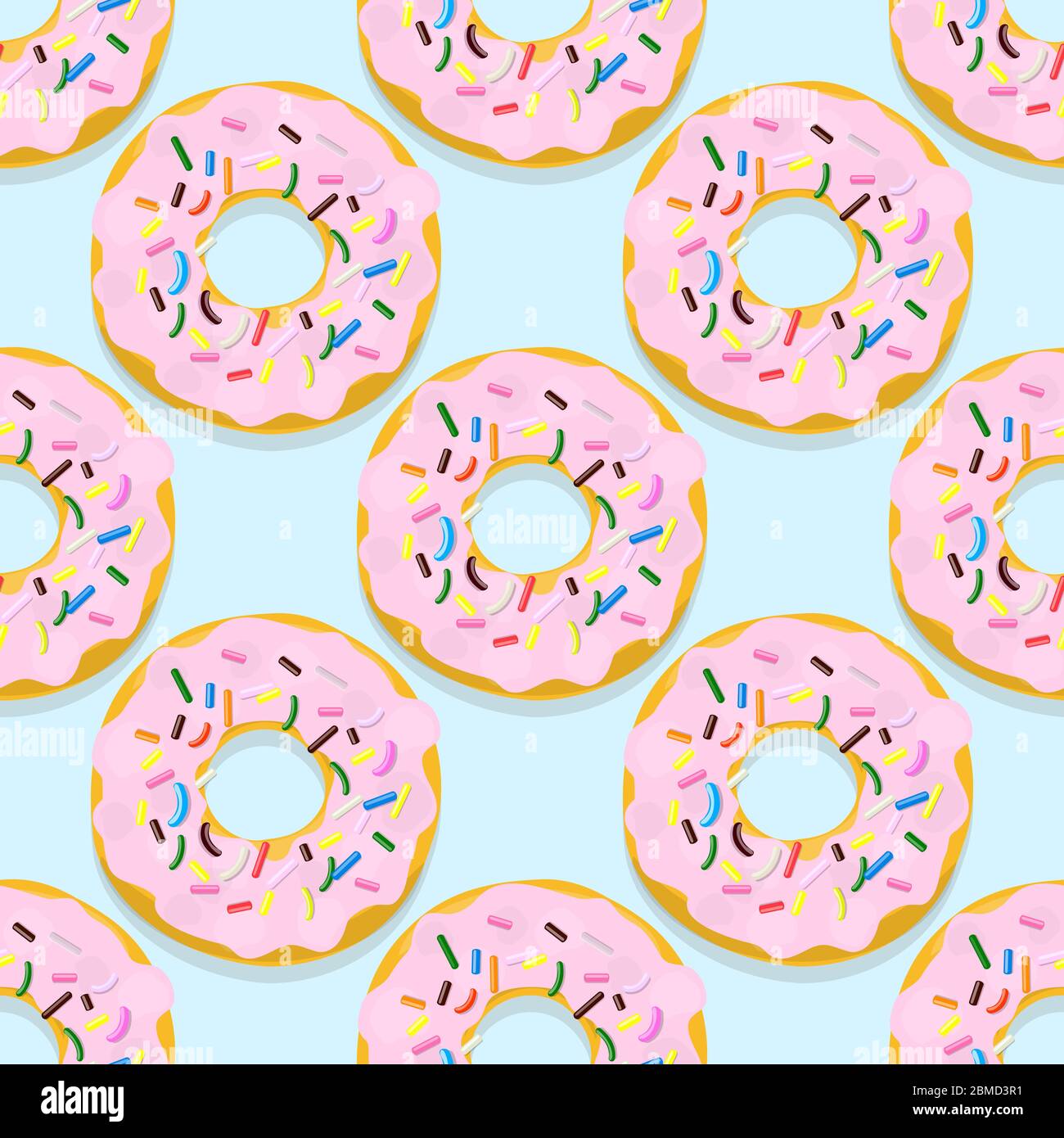 Vector seamless pattern illustration of donuts in pink glaze on a blue ...
