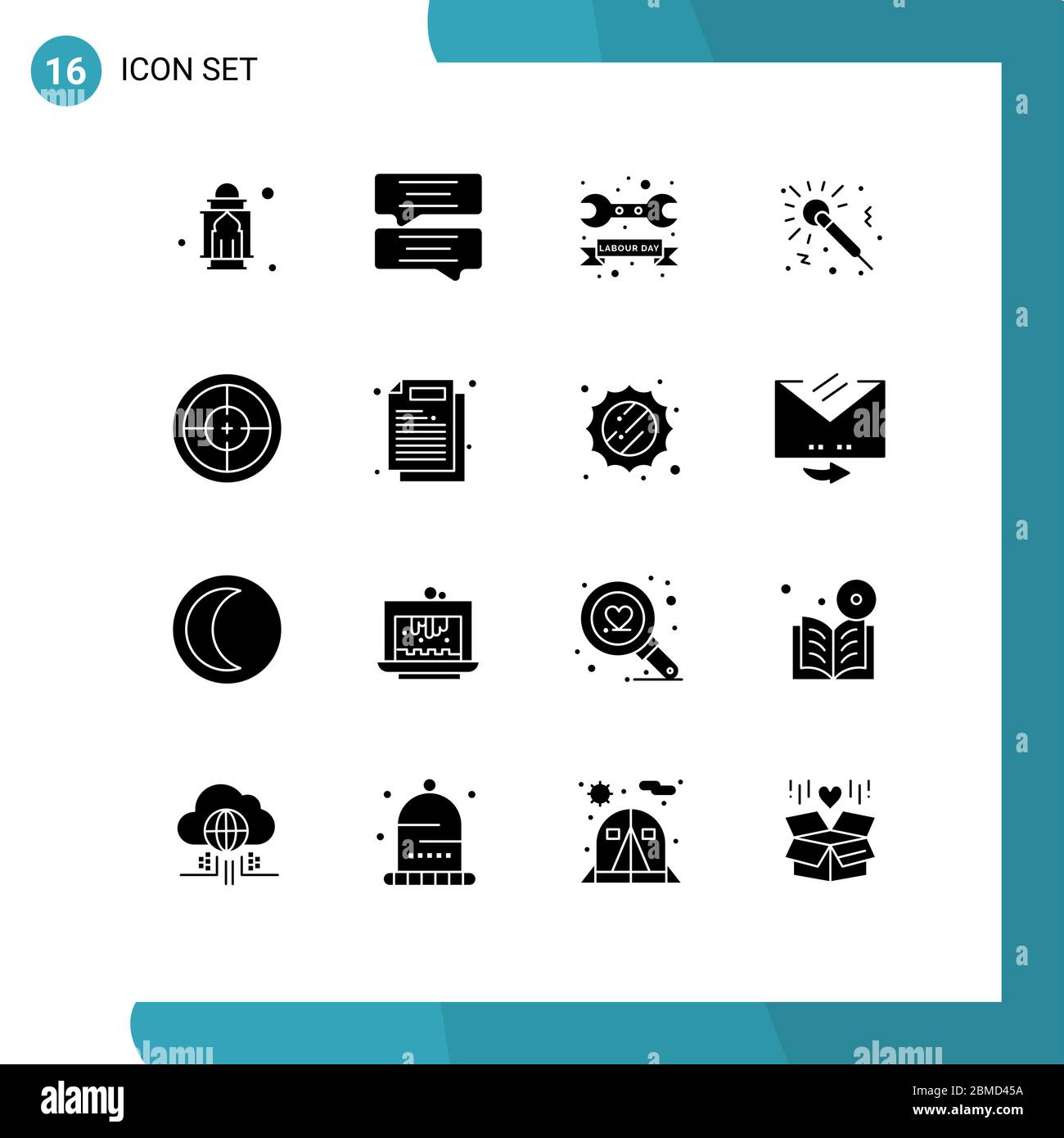 Group of 16 Solid Glyphs Signs and Symbols for army, studio, badge, music, day Editable Vector