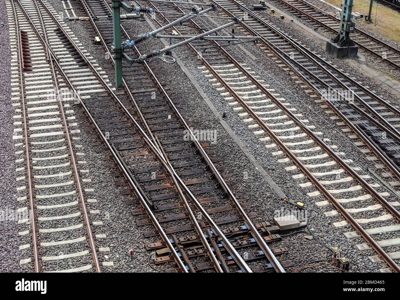 Multiple railroad tracks with junctions at a railway station in a ...