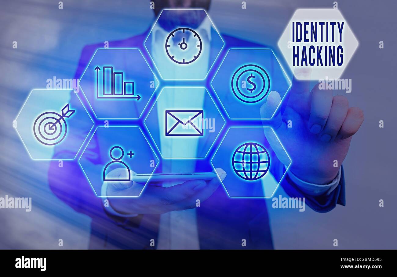 Writing note showing Identity Hacking. Business concept for criminal that steal your an individualal information using malware Stock Photo