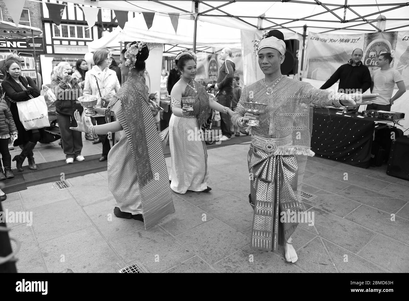 Amthai Fete turned the ancient market of Kingston into a Thai village featuring a variety of Thai products such as food and traditional Thai dancing . The Thai Ambassador and Director of Tourism of Thailand attended so did the Mayor of Kingston and they enjoyed a meal with the organizers after meeting and greeting all the stall holders and performers of the event . The event combined  Thai food ,beer ,massages and Thai dances and took place 13 and 14 of May 2013 . Stock Photo