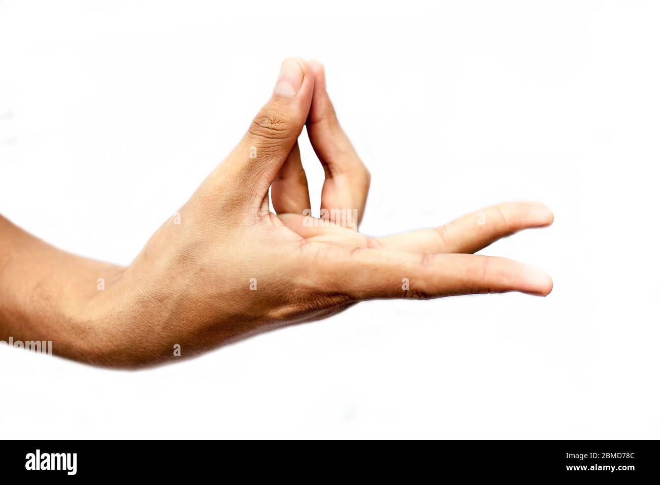 Close up shot of male hand demonstrating Prana Yoga Mudra isolated ...