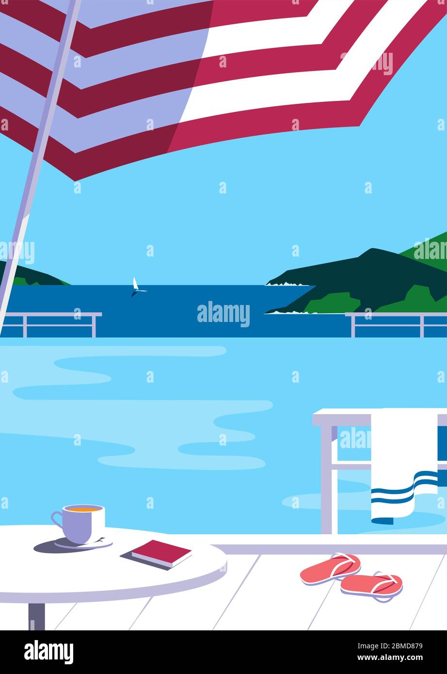 Swimming pool in seashore resort flat color vector Stock Vector