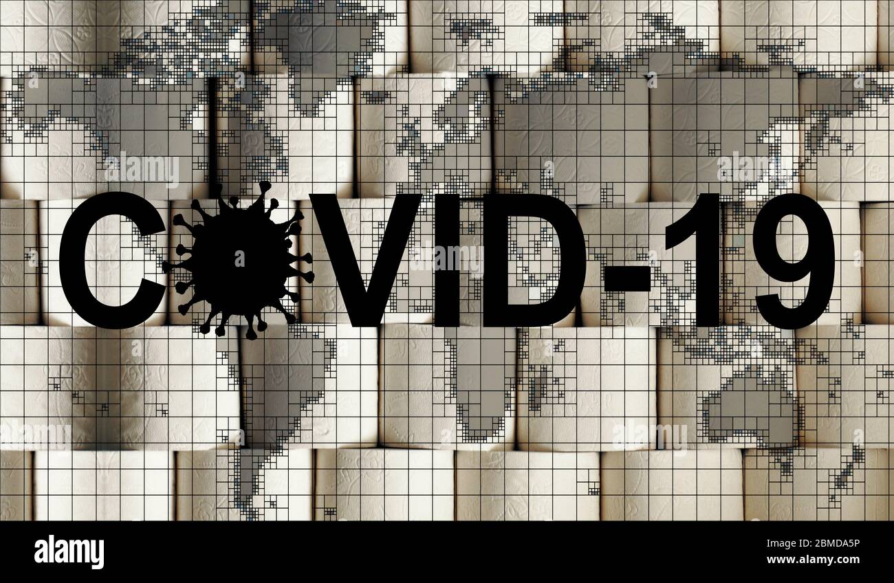 Abstract 3d rendering illustration of a covid 19 world map over toilet ...