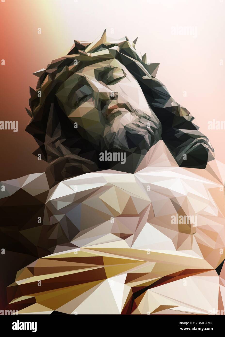a computer polygon graphics of the crucified Jesus Christ wearing a thorny crown Stock Photo