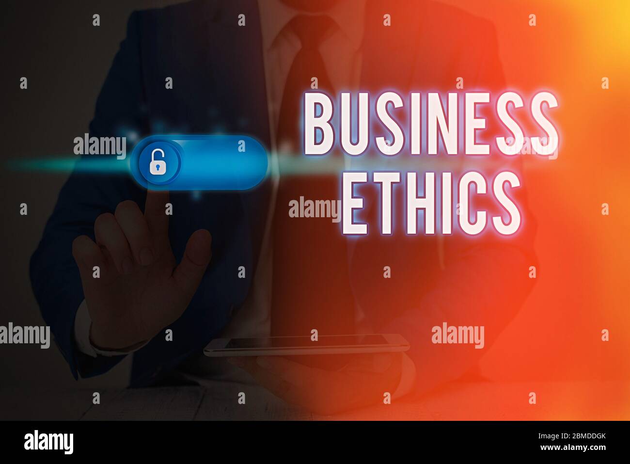 Writing note showing Business Ethics. Business concept for Moral principles that guide the way a business behaves Stock Photo