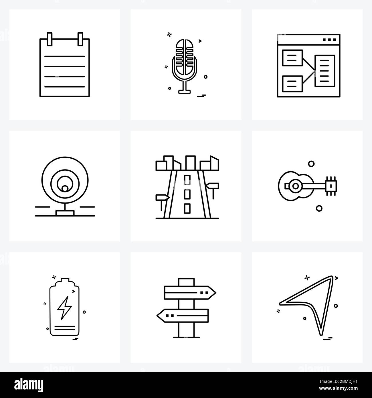 Pixel Perfect Set of 9 Vector Line Icons such as map, architect, interface, miscellaneous, webcam Vector Illustration Stock Vector