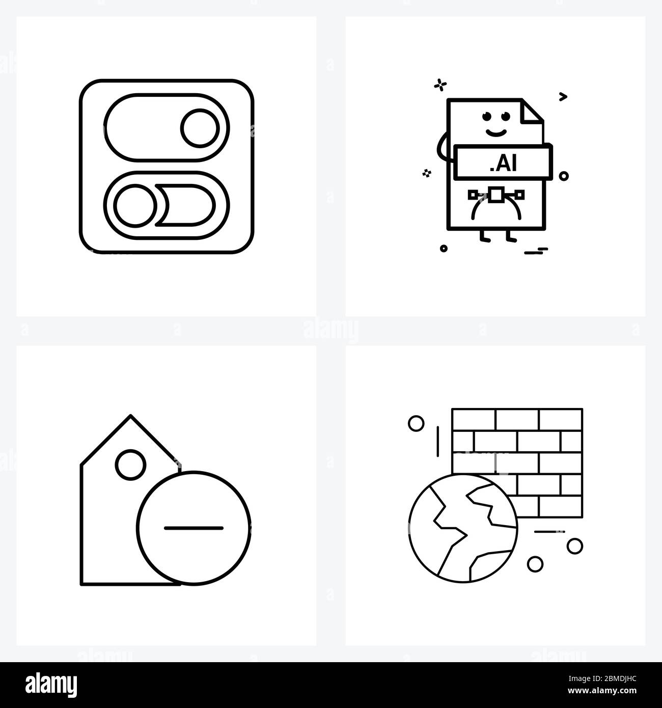 Set of 4 Universal Line Icons of button, ai, on, file extension, tag Vector Illustration Stock Vector