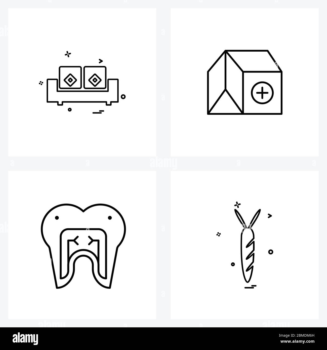 Line Icon Set of 4 Modern Symbols of furniture; dental; couch; hospital