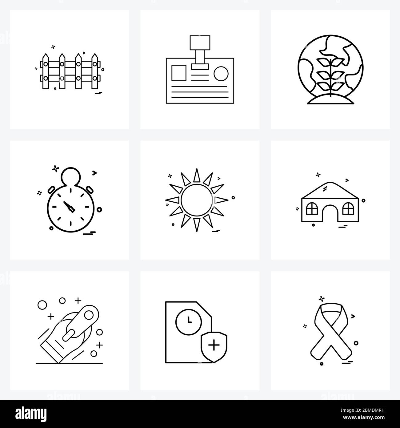 Modern Vector Line Illustration of 9 Simple Line Icons of nature, sun, world, stopwatch, games Vector Illustration Stock Vector