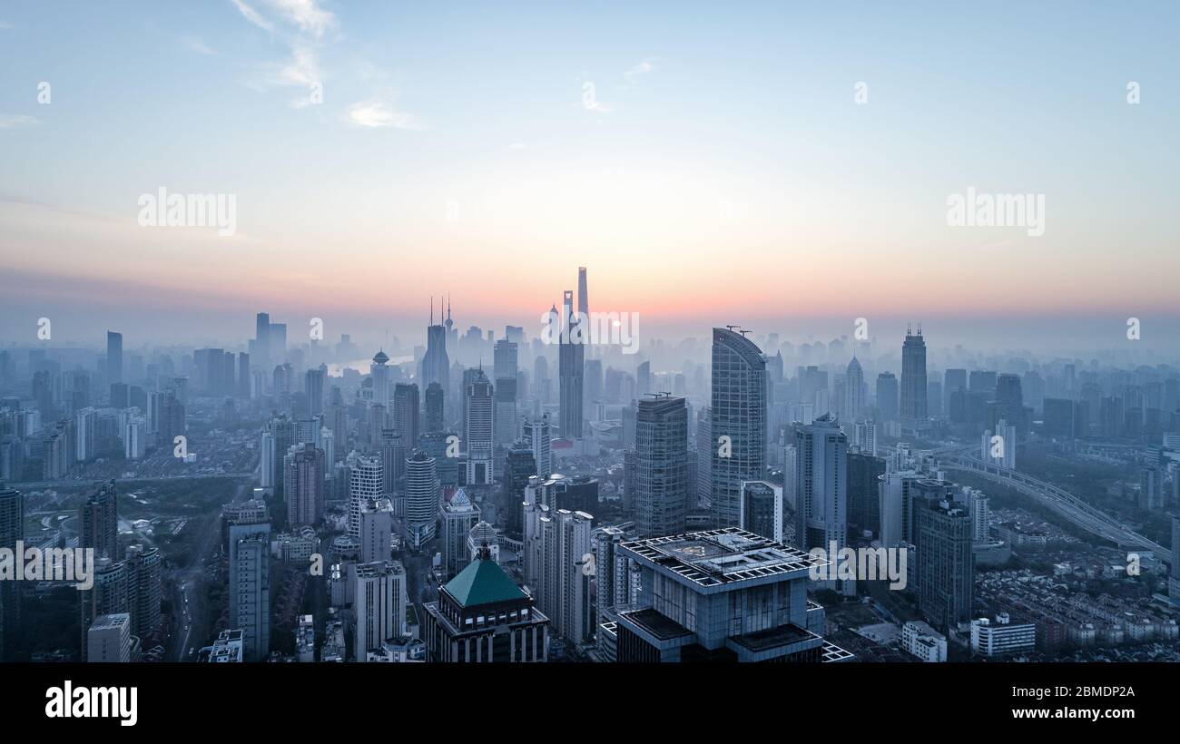 aerial view of shanghai city in foggy dawn Stock Photo - Alamy