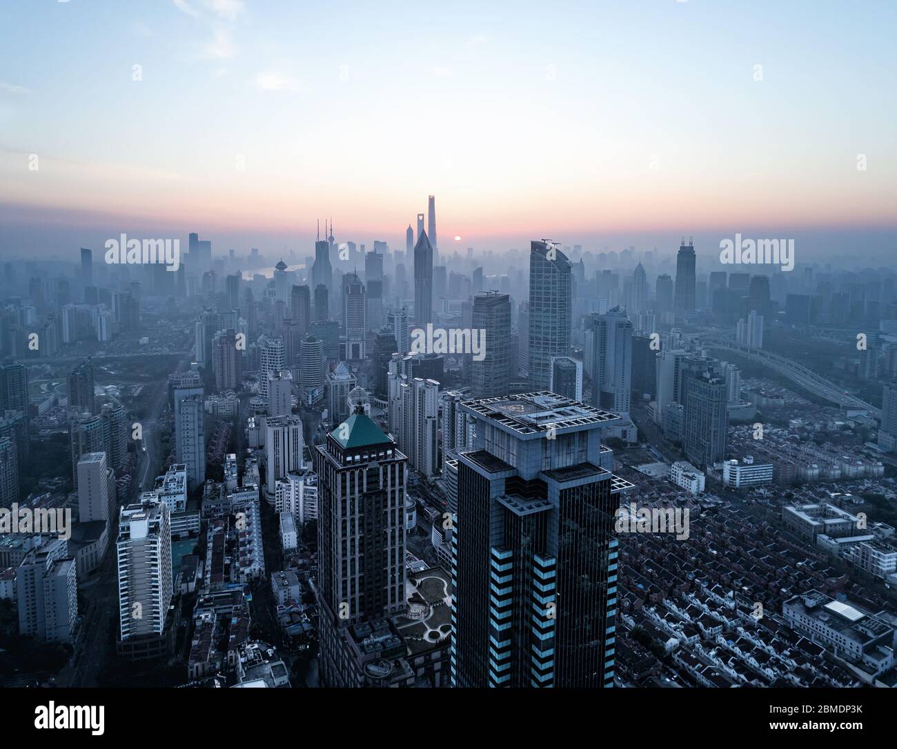 aerial view of shanghai city in foggy dawn Stock Photo - Alamy