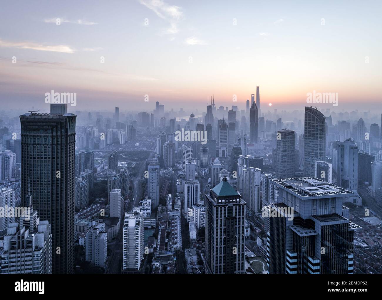 aerial view of shanghai city in foggy dawn Stock Photo - Alamy