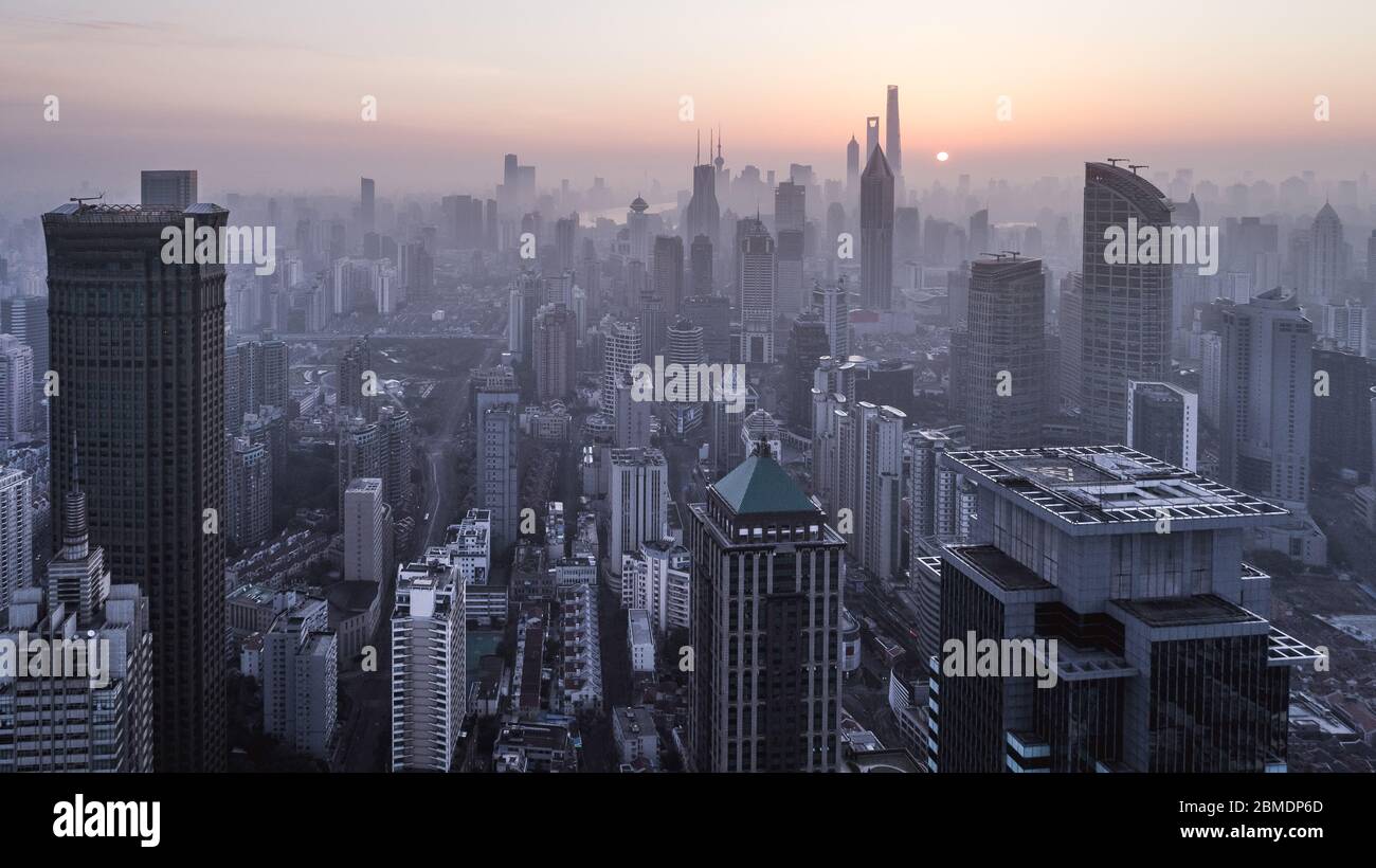 aerial view of shanghai city in foggy dawn Stock Photo - Alamy