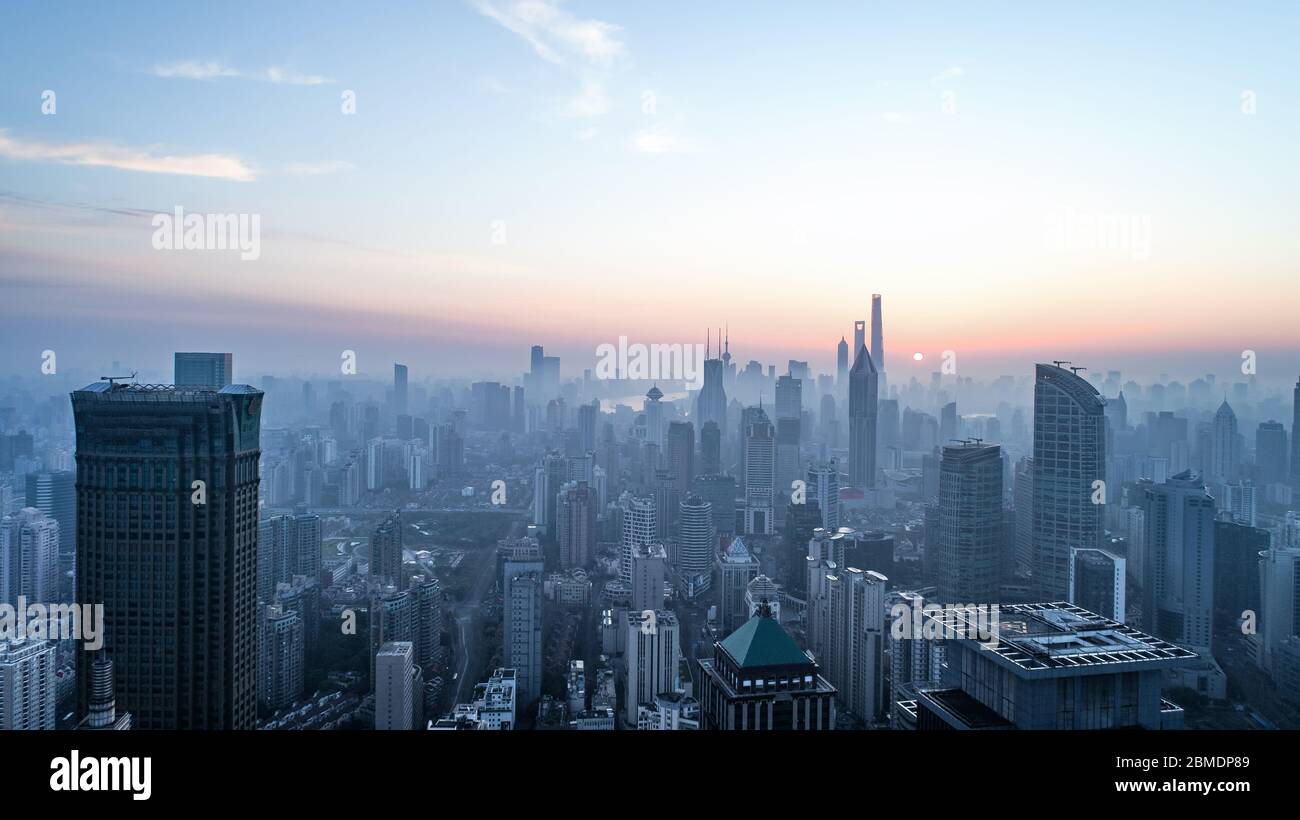 aerial view of shanghai city in foggy dawn Stock Photo - Alamy