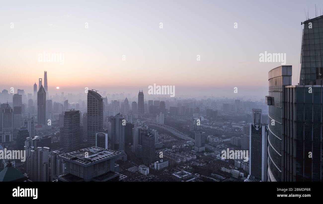 aerial view of shanghai city in foggy dawn Stock Photo - Alamy