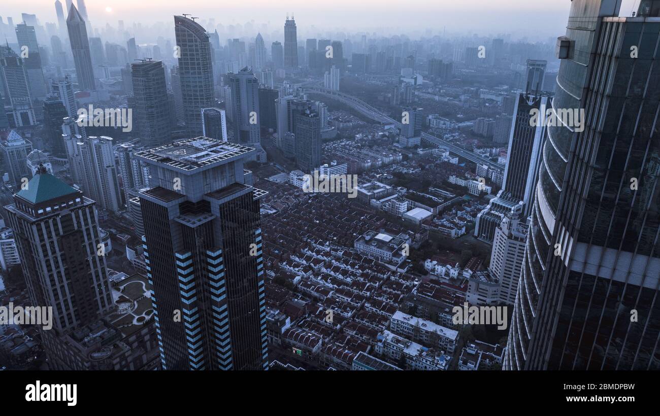 aerial view of shanghai city in foggy dawn Stock Photo - Alamy