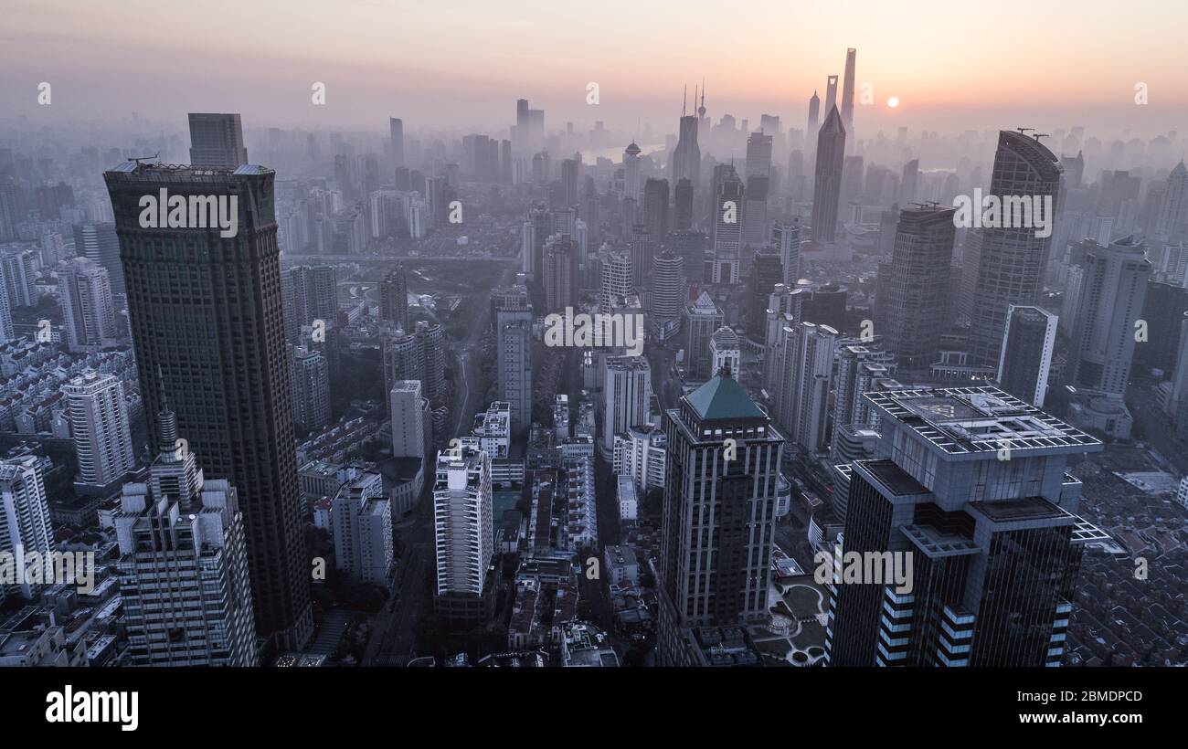 aerial view of shanghai city in foggy dawn Stock Photo - Alamy