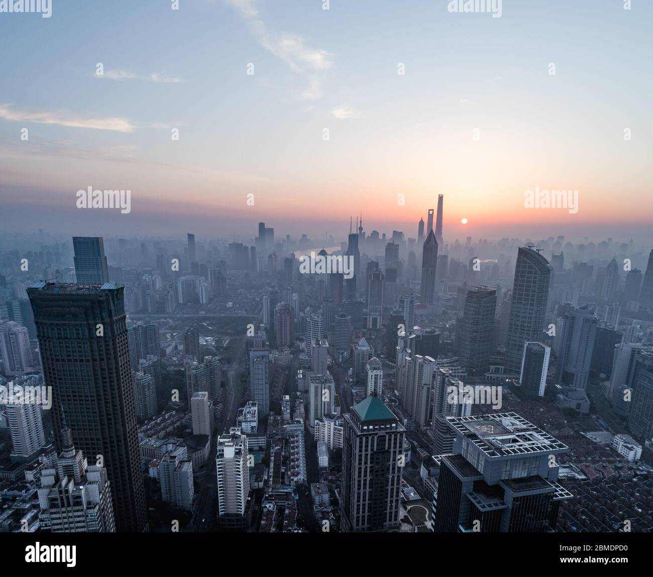 aerial view of shanghai city in foggy dawn Stock Photo - Alamy