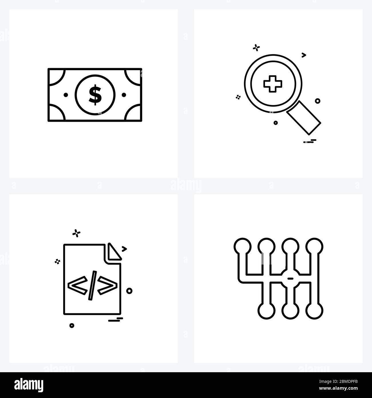 4 Interface Line Icon Set of modern symbols on cash; file format; saving; magnifying glass; html