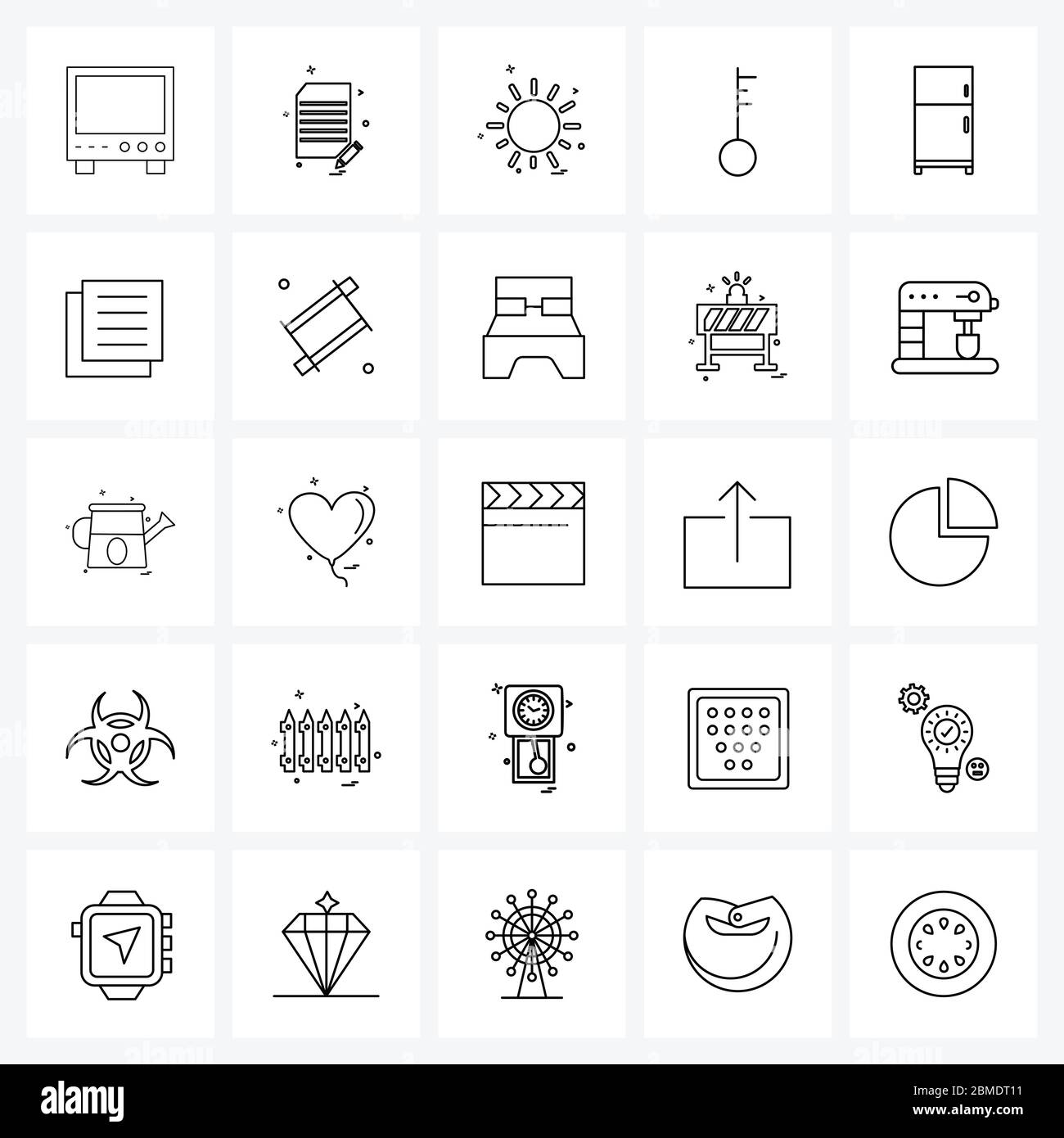 Pixel Perfect Set of 25 Vector Line Icons such as fridge, door, document, lock, sunny day Vector Illustration Stock Vector