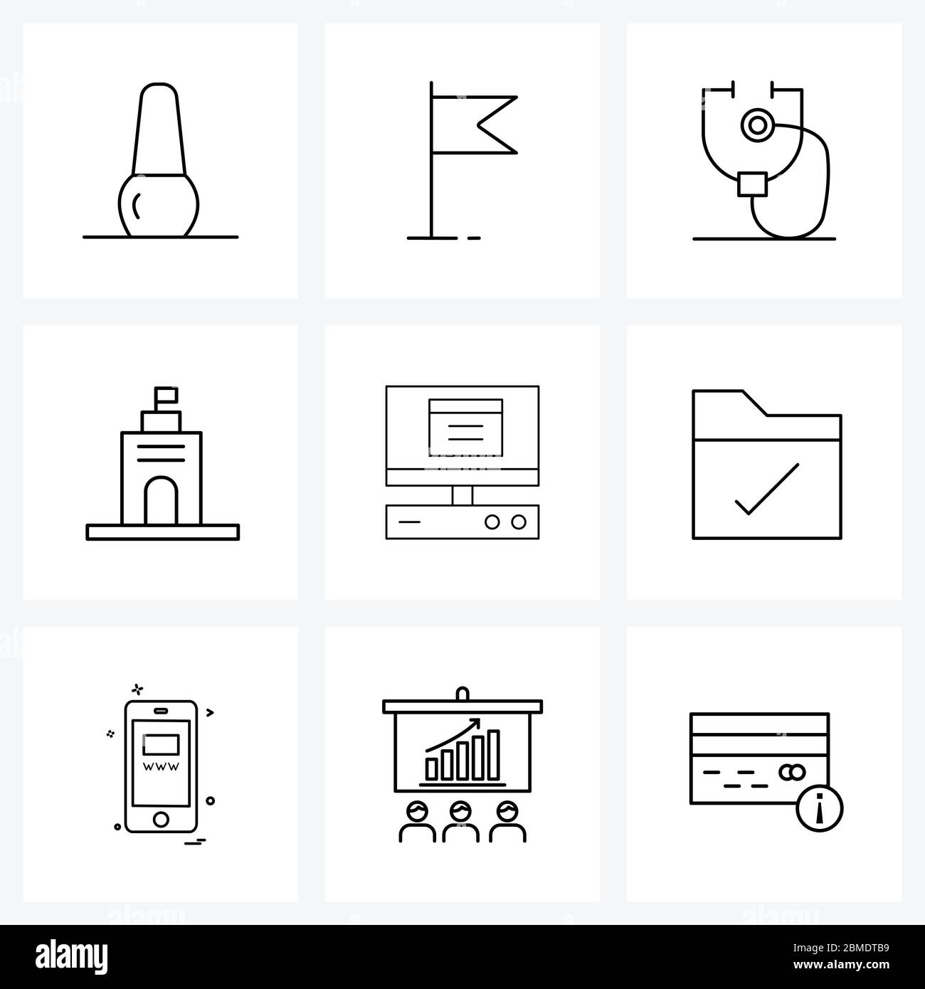 Modern Vector Line Illustration of 9 Simple Line Icons of internet, pc, stethoscope, real, mall Vector Illustration Stock Vector