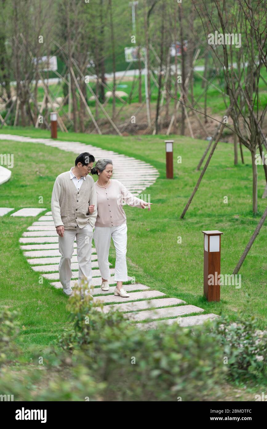 An Asian elderly couple walking in the park Stock Photo - Alamy