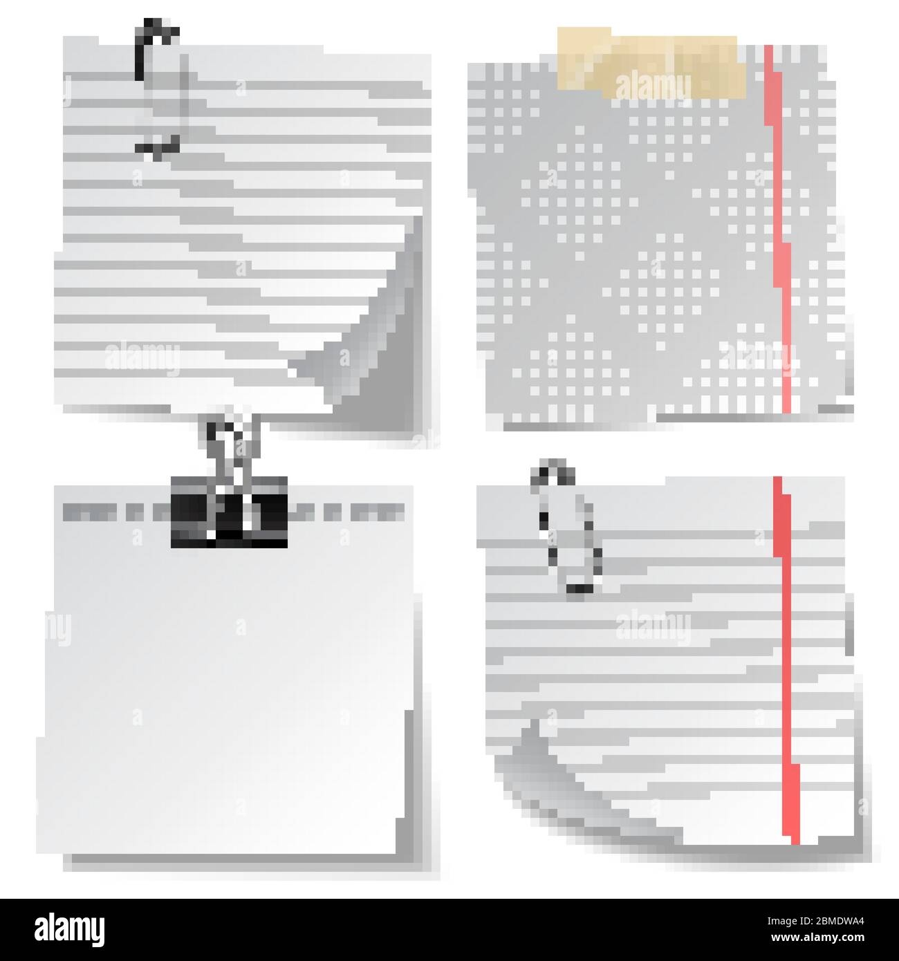 Realistic lined sticky notes with clip binder and adhesive tape. Blank ...