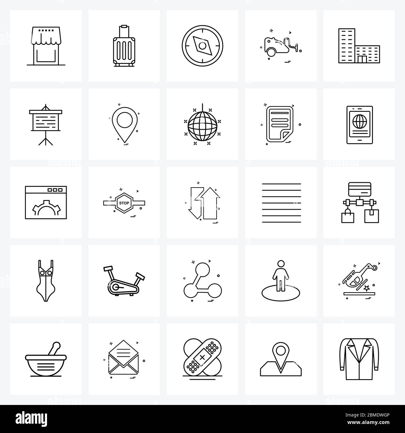 Pixel Perfect Set of 25 Vector Line Icons such as electronics, vacuum, hotel, vacuum cleaner, location Vector Illustration Stock Vector