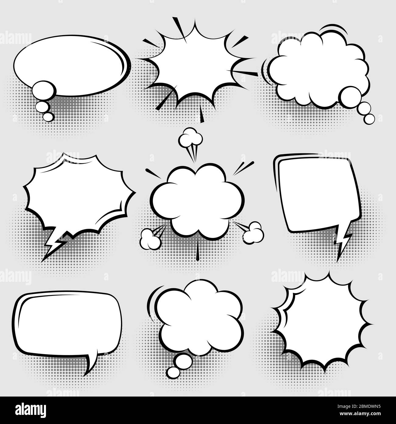 Collection of empty comic speech bubbles with halftone shadows. Hand ...