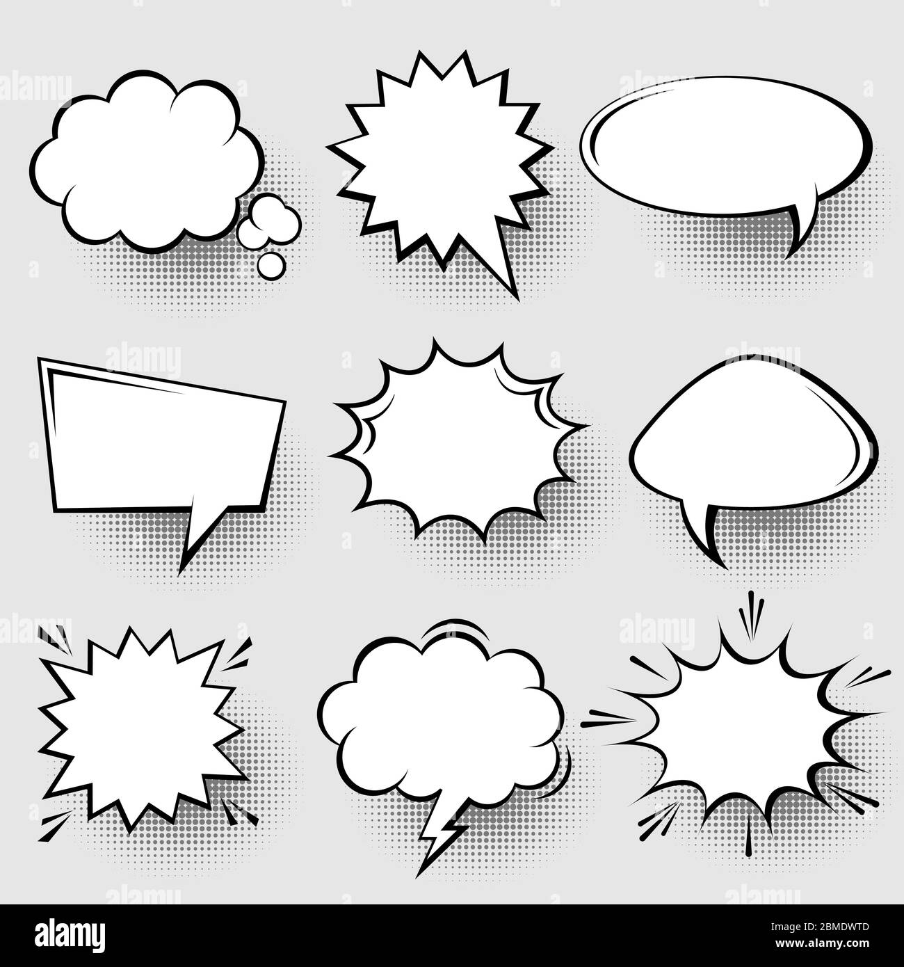 Collection of empty comic speech bubbles with halftone shadows. Hand ...