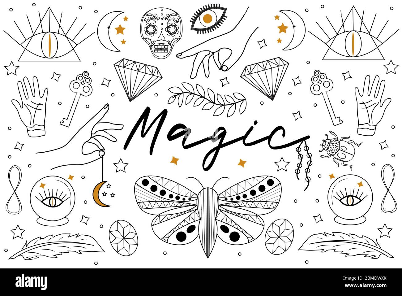 Magic Hand drawn, doodle, sketch line style set. Witchcraft symbols.Ethnic esoteric collection with hands, moon, crystals, plant, eye, palmistry and Stock Vector
