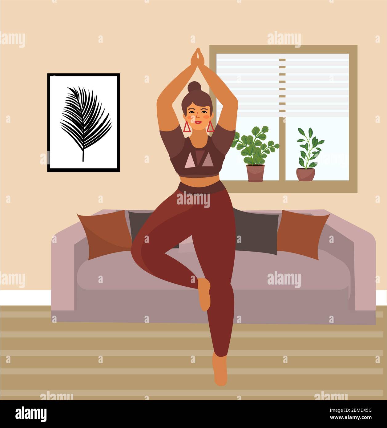 Woman practices yoga at home. Beautiful Plus Size Curvy Girl in Vrikshasana Position. Vector illustration Stock Vector
