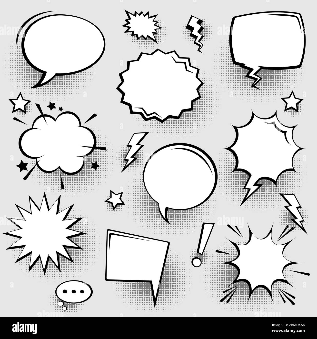 Collection of empty comic speech bubbles with halftone shadows. Hand ...