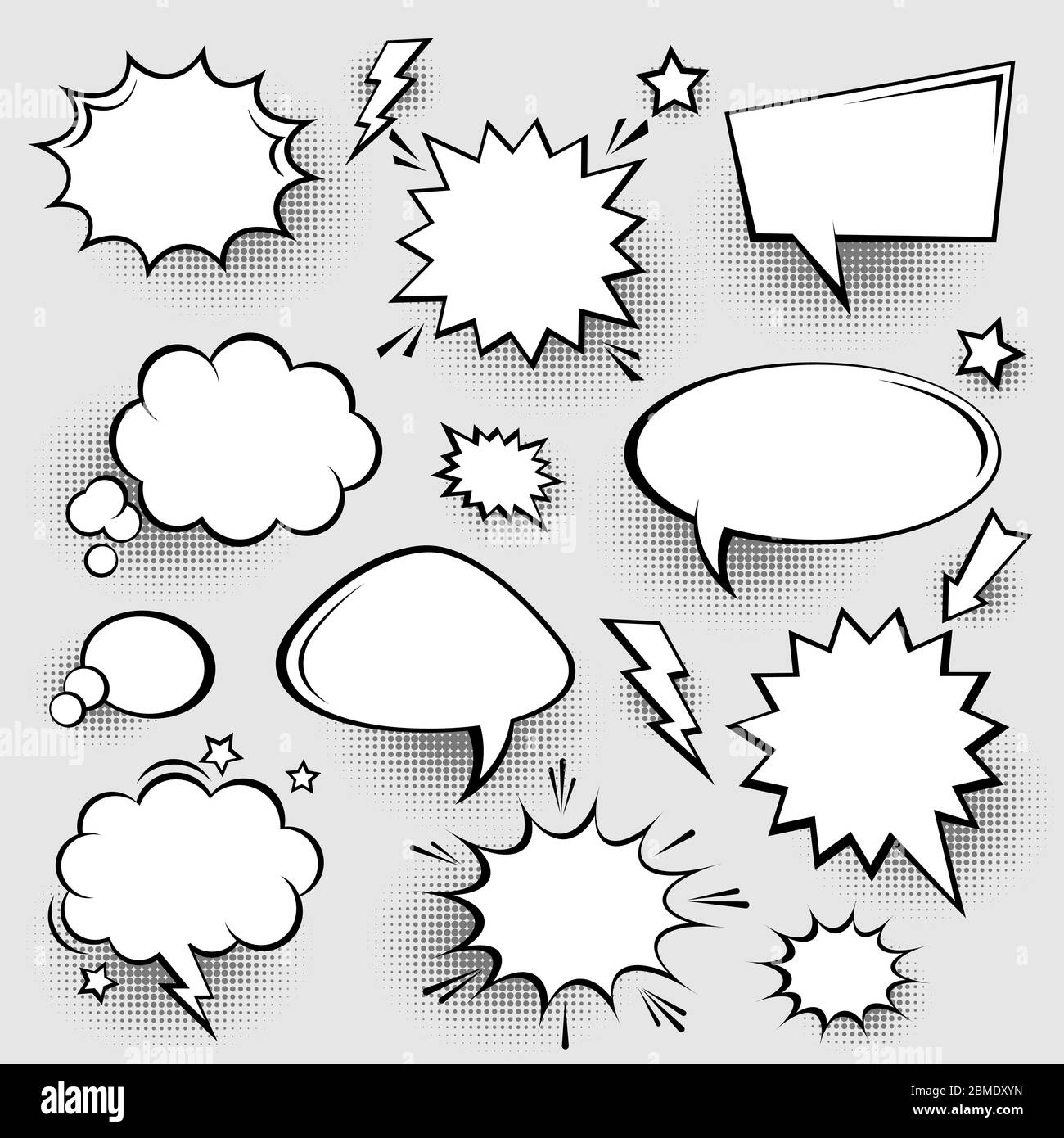 Collection of empty comic speech bubbles with halftone shadows. Hand ...