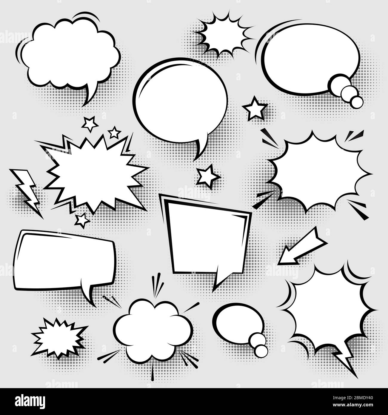 Collection of empty comic speech bubbles with halftone shadows. Hand ...